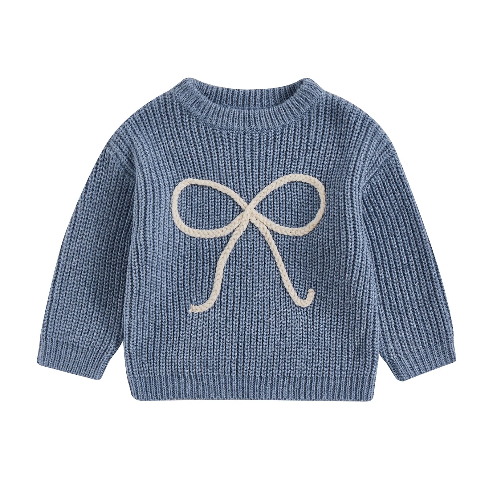 Toddler Baby Girl Knit Sweater Bow Embroidery Chunky Sweatshirt Tops Oversized Warm Christmas Fall Winter Clothes (Blue, 12-18 Months)