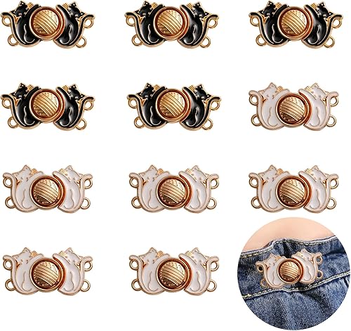 10 pares de pantalones de mezclilla de gato, ajuste de botón de cintura, lindo gato aprieta la cintura, botón de cintura, hebilla de cintura, clip