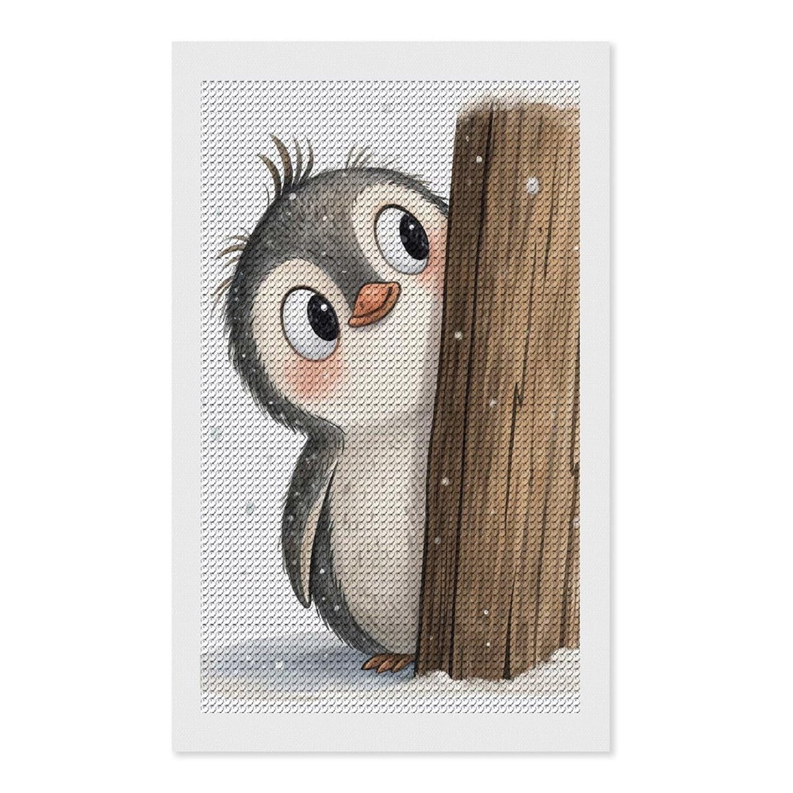 Junmoney Cute Penguin Peeking Behind A Wooden Post Diamond Art Kit 12"x20", Modern Decor, Farmhouse Decor, Home Wall Art, Festive Craft Gift, Handmade Wall Decor