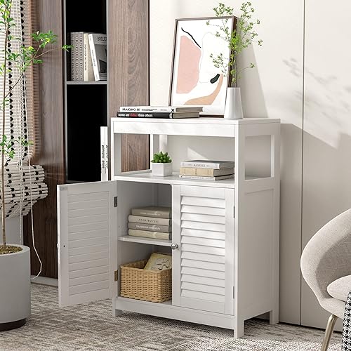 Miniatura 5 de Tangkula Gabinete de almacenamiento de baño, armario de piso independiente con puertas de doble persiana y estantes ajustables de 3 posiciones,