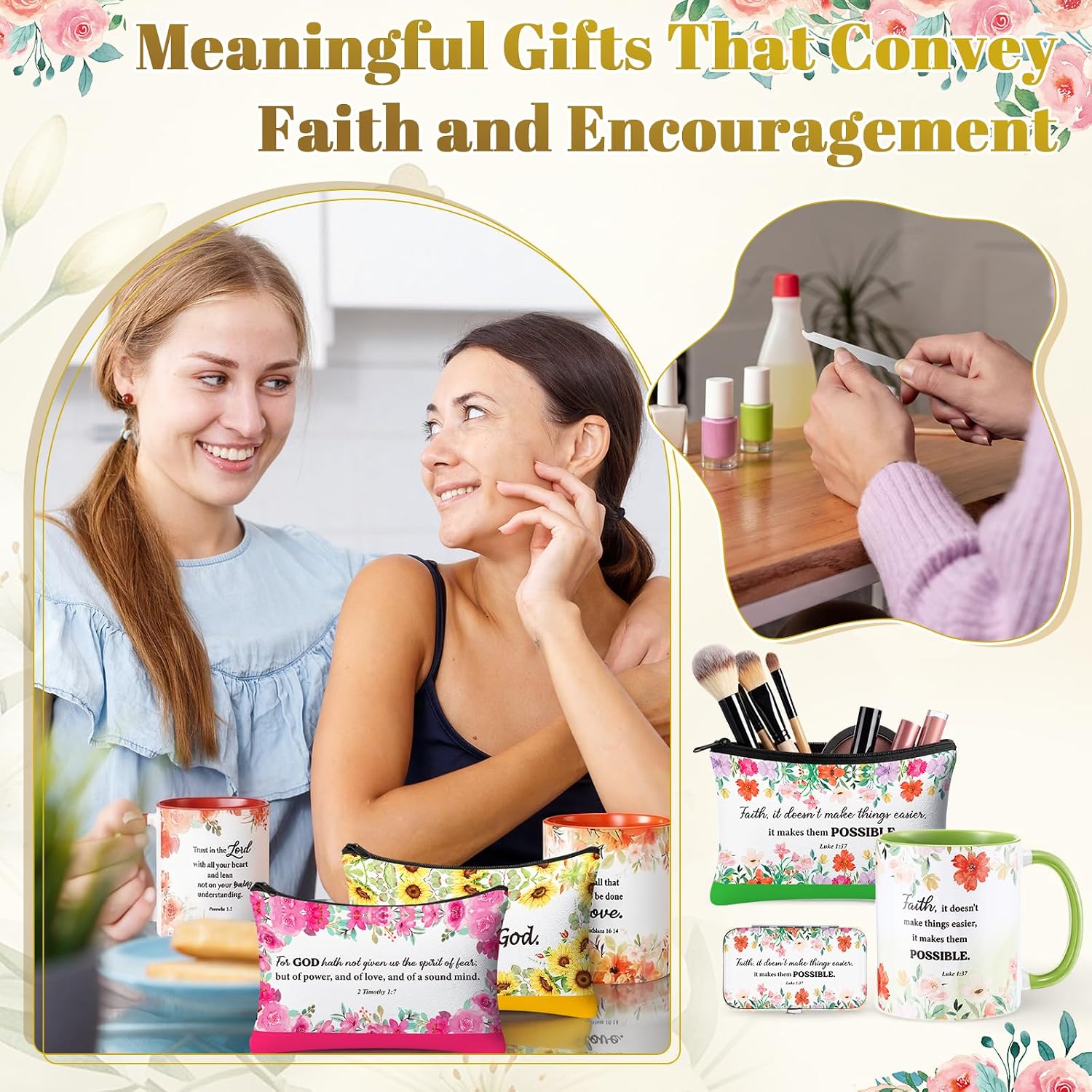 18 Pcs Mothers Day Christian Gift Bulk for Women Bible Verse Floral Nail Clipper Set Manicure Makeup Bag Mug Inspirational Ceramic Mugs Cosmetic Pouch Employee Teachers Appreciation Gift