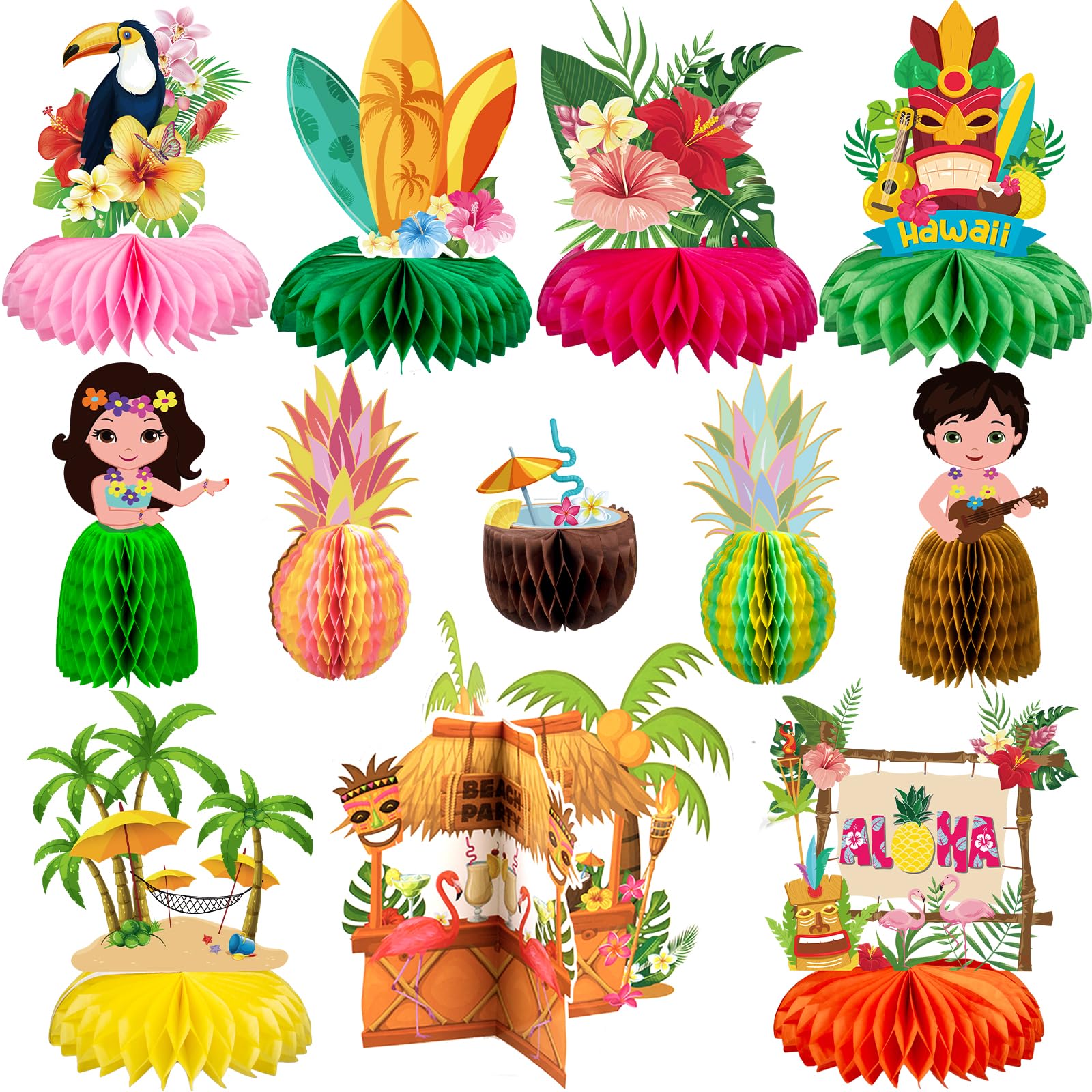 12Pcs Hawaiian Luau Party Table Decorations - Double sided Aloha Flamingo Honeycomb Centerpieces Table Decorations for Hawaiian Tiki Birthday Wedding Pool Party Supplies