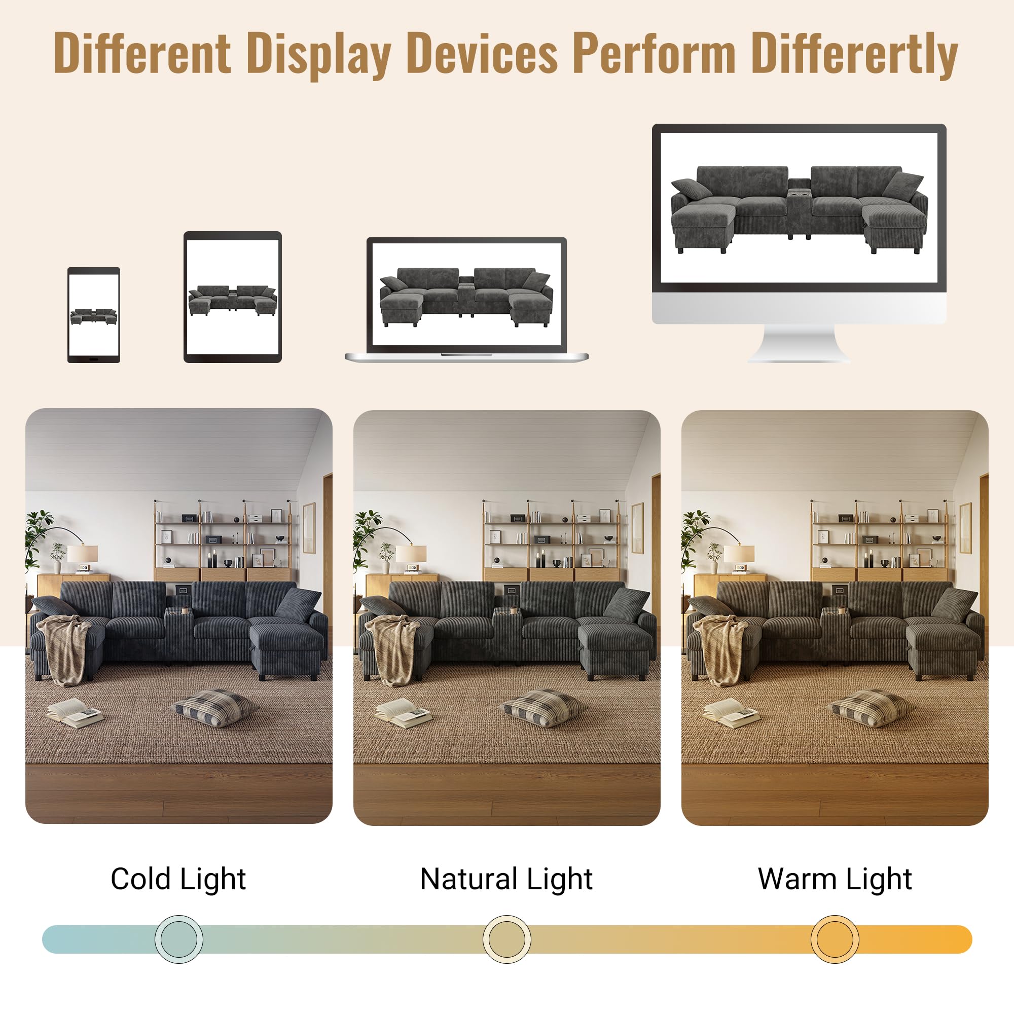 Sofá Convertible de 4 plazas en forma de U con USB C y 2 portavasos, sofá esquinero convertible de pana con 2 reposapiés de almacenamiento y 2 cojines, sofá modular en el salón Appt, gris