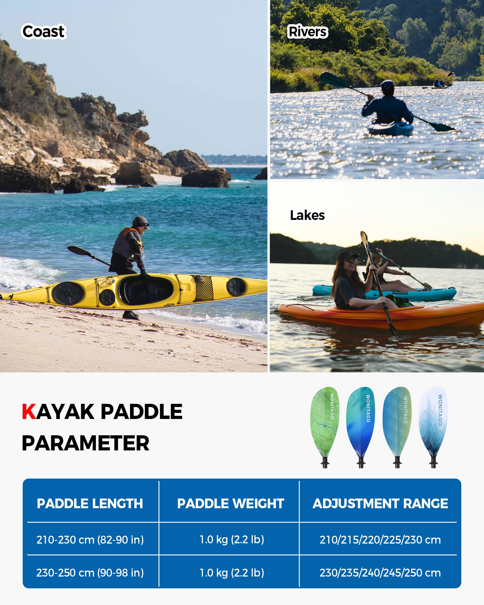 Palas de kayak de fibra de carbono con cuchillas de nailon, remos flotantes ajustables para kayak, 3 piezas, 210-230 cm, azul degradado
