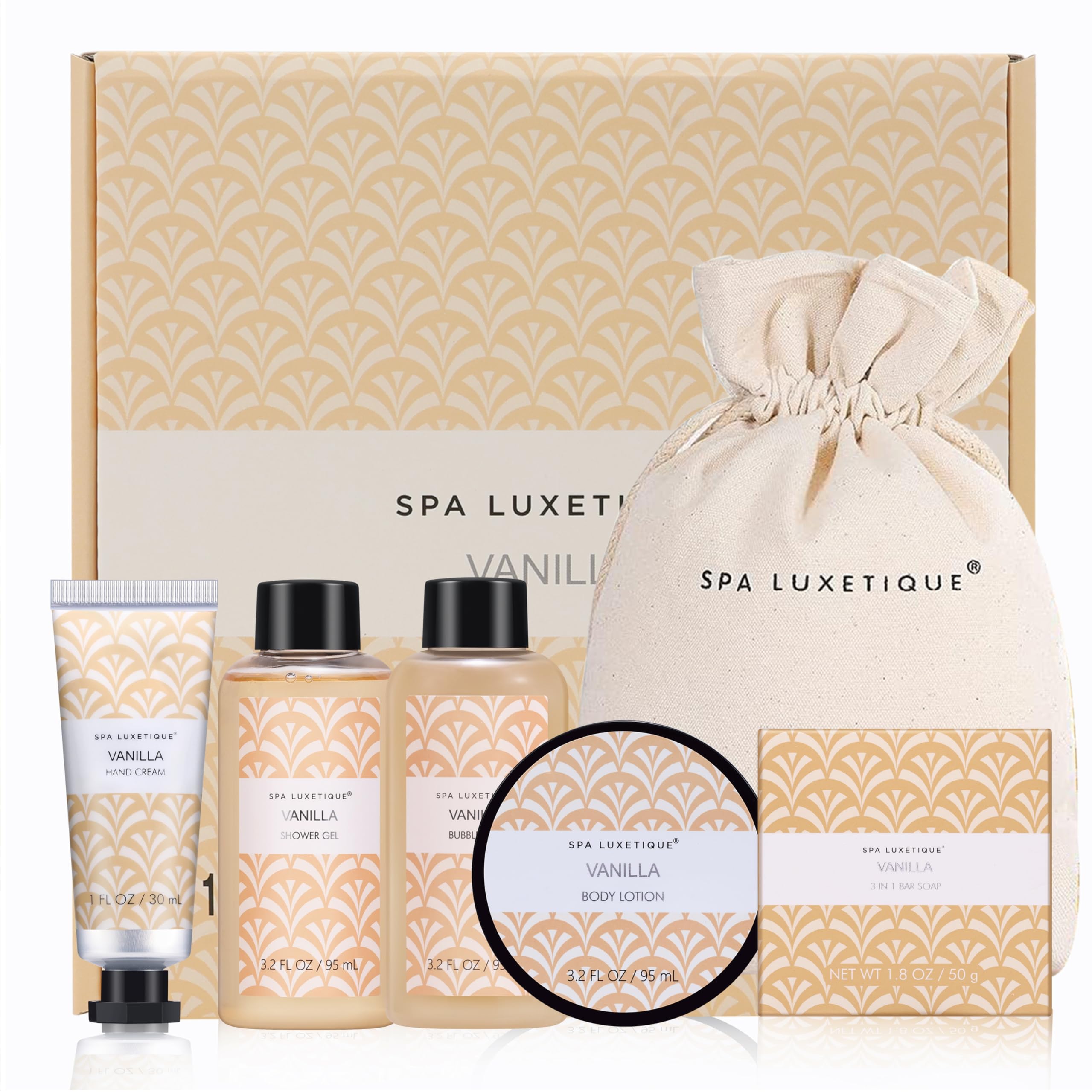 Gifts for Women Spa Luxetique 6pc Spa Gift Set for Women, Vanilla Self Gare Gifts Travel Bath Kit with Bubble Bath, Shower Gel, Bar Soap, Hand Cream Coffret Cadeau Femme, Birthday Gifts for Mom & Mothers Day Gifts Idea, Gifts for Mom