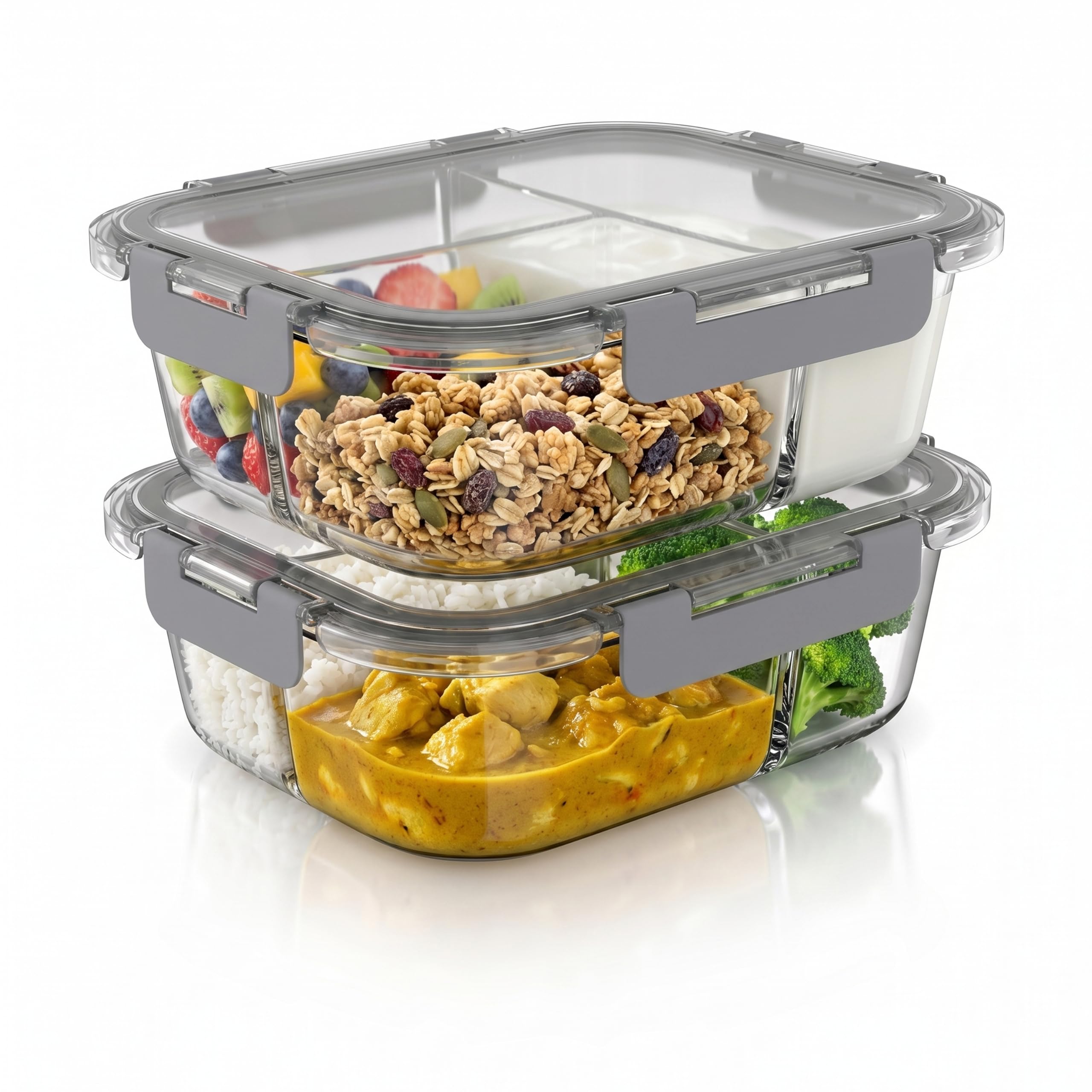 Arendo - Lunchboxen Glas - 3 Fächer - Frischhaltedosen für Lebensmittel mit Deckel luftdicht - 2er Set - 1500 ml - für Mikrowelle Ofen Gefrierschrank - Spülmaschinen geeignet - Vorratsdosen Meal Prep