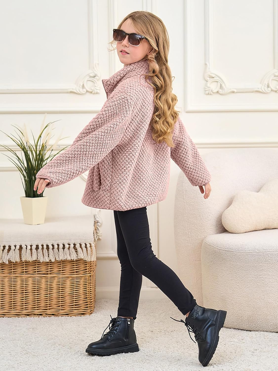 Girls Fleece Jacket Sherpa Zip Up Outwear Fuzzy Fall Winter Coat with Pockets for Kids 5-14 Year