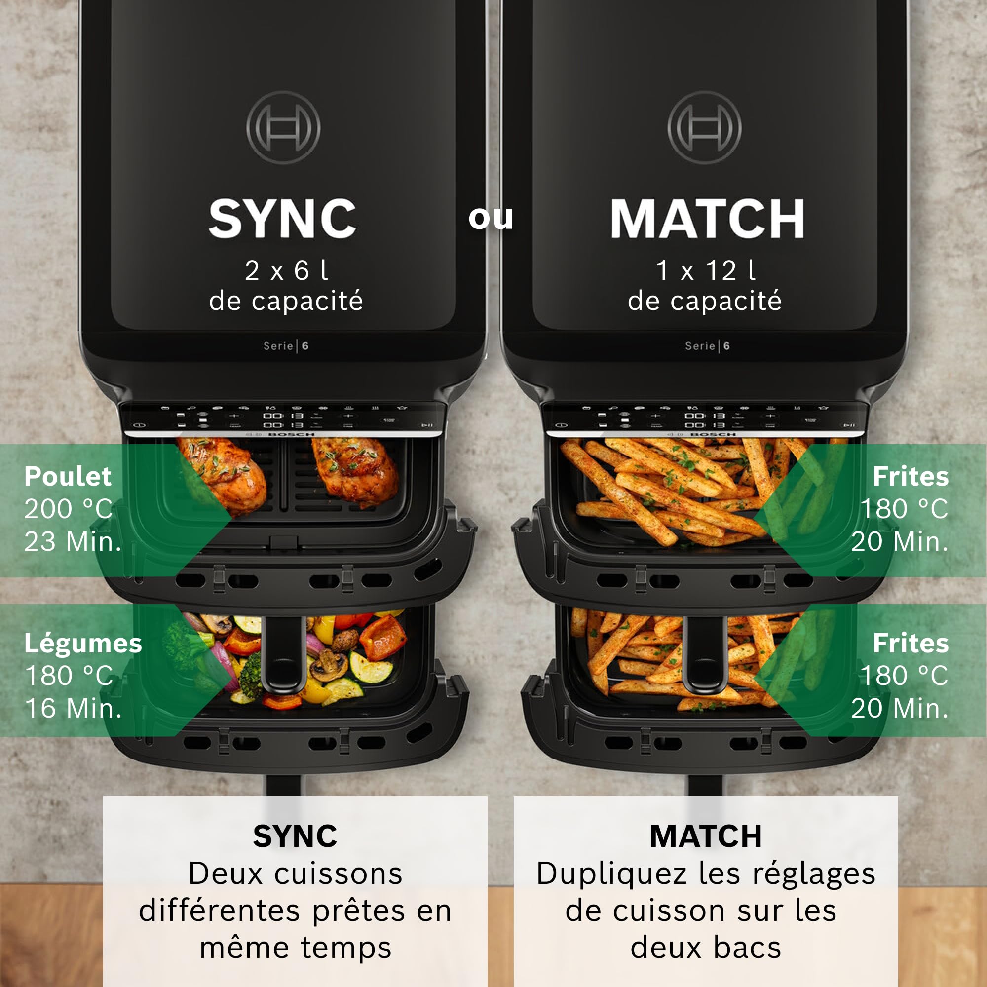 Bosch MAFD661B0 Série 6 - Air Fryer XXL | 2 bacs de 6 L, Fonction SYNC, 6 programmes, Revêtement non toxique, Intérieur métal