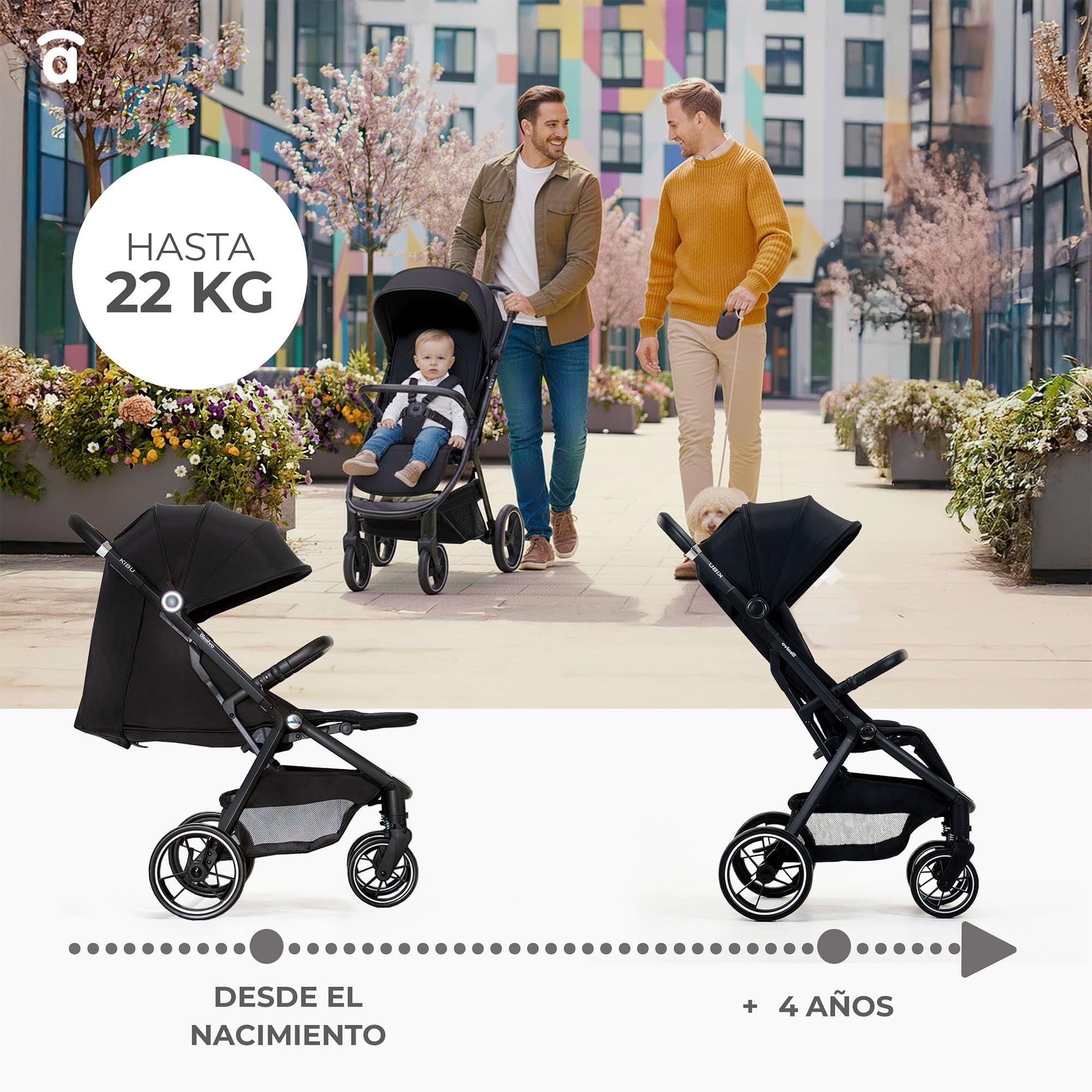 Asalvo KIBU Silla de Paseo, Carrito bebé, Carro para bebés, Confortable, Ultraligera, Segura, Capota con Ventana y Freno Trasero, Manejable, Plegado compacto, Carga Máxima 24 kg, Negro