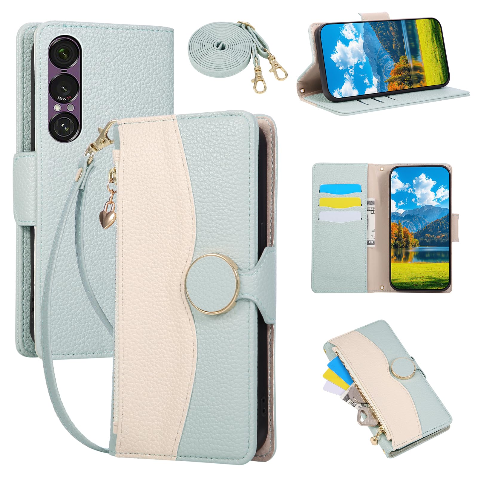 Mldjomid 用の エクスペリア10 vii ケース 手帳型 For Xperia 10 VII スマホケース ショルダー SO-52F 用 ケース手帳型 エクスペリア 10 第7世代 携帯カバー 6.1インチ対応 ソニー Xperia 10 VII 手帳型ケース 財布型 小銭入れ マグネット式 カード収納 スタンド機能 ファスナー型 手首/肩掛けストラップ付 2色パッチワーク (ブルー)