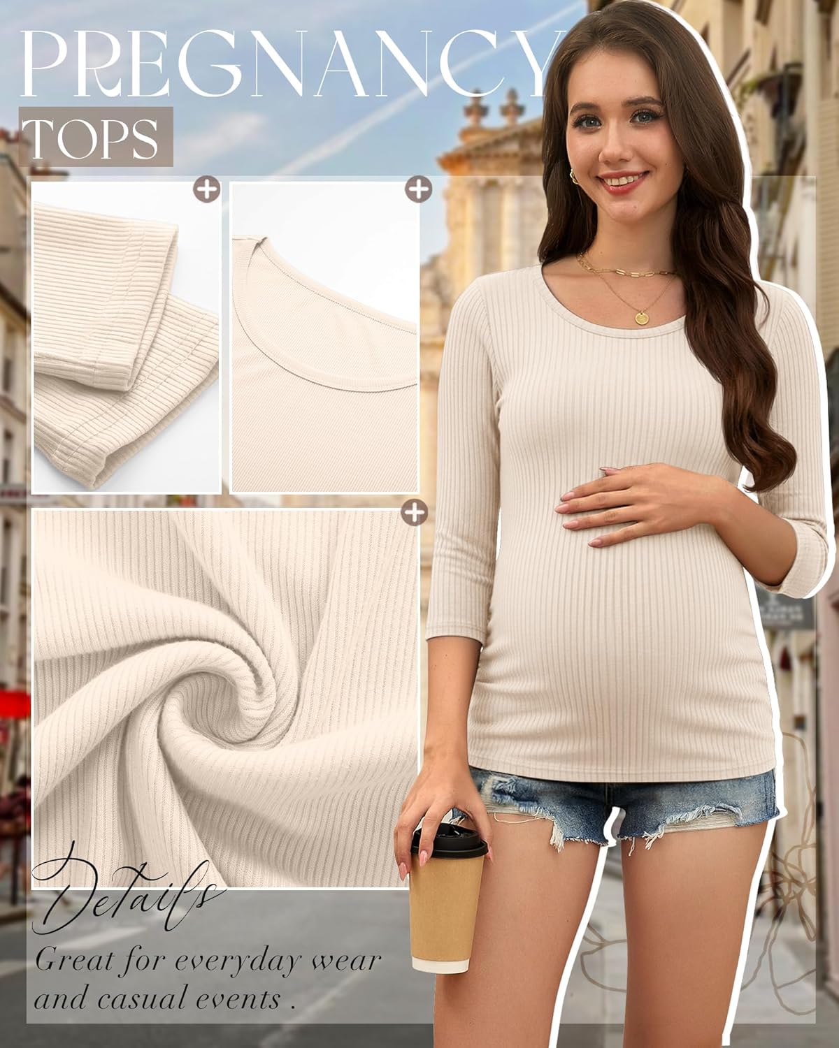 Neer 3 Pack Women's 3/4 Sleeve Maternity Shirts Ribbed Pregnancy Work Tops Quarter Sleeve Round Neck Maternity Clothes - Image 4