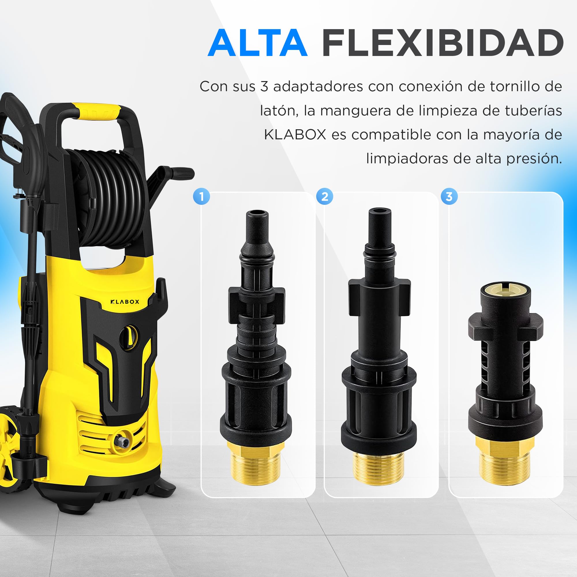 Desatascador Tuberias a Presion 15m | Desatascador Karcher compatible con Karcher K2-K7, Lavor, Bosch, Parkside y más Marcas | Incluye 3 Adaptadores, 2 Boquillas, 1 Bolsa y 1 Cinta Teflón