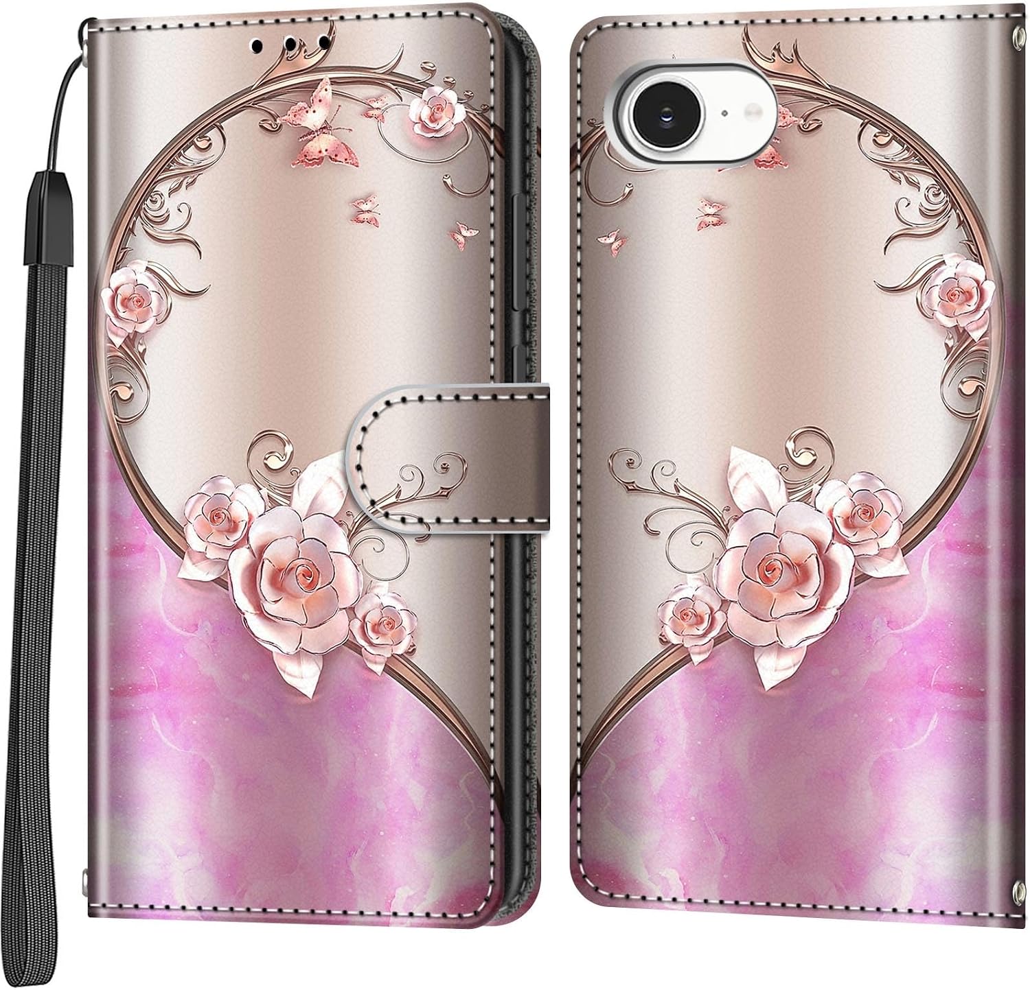Case Wallet for iPhone 16e / iPhone 17e, Pink Rose | with 3 Card Slots, Kickstand, Magnetic Closure, Shockproof Protective Flip Cover 6.1"