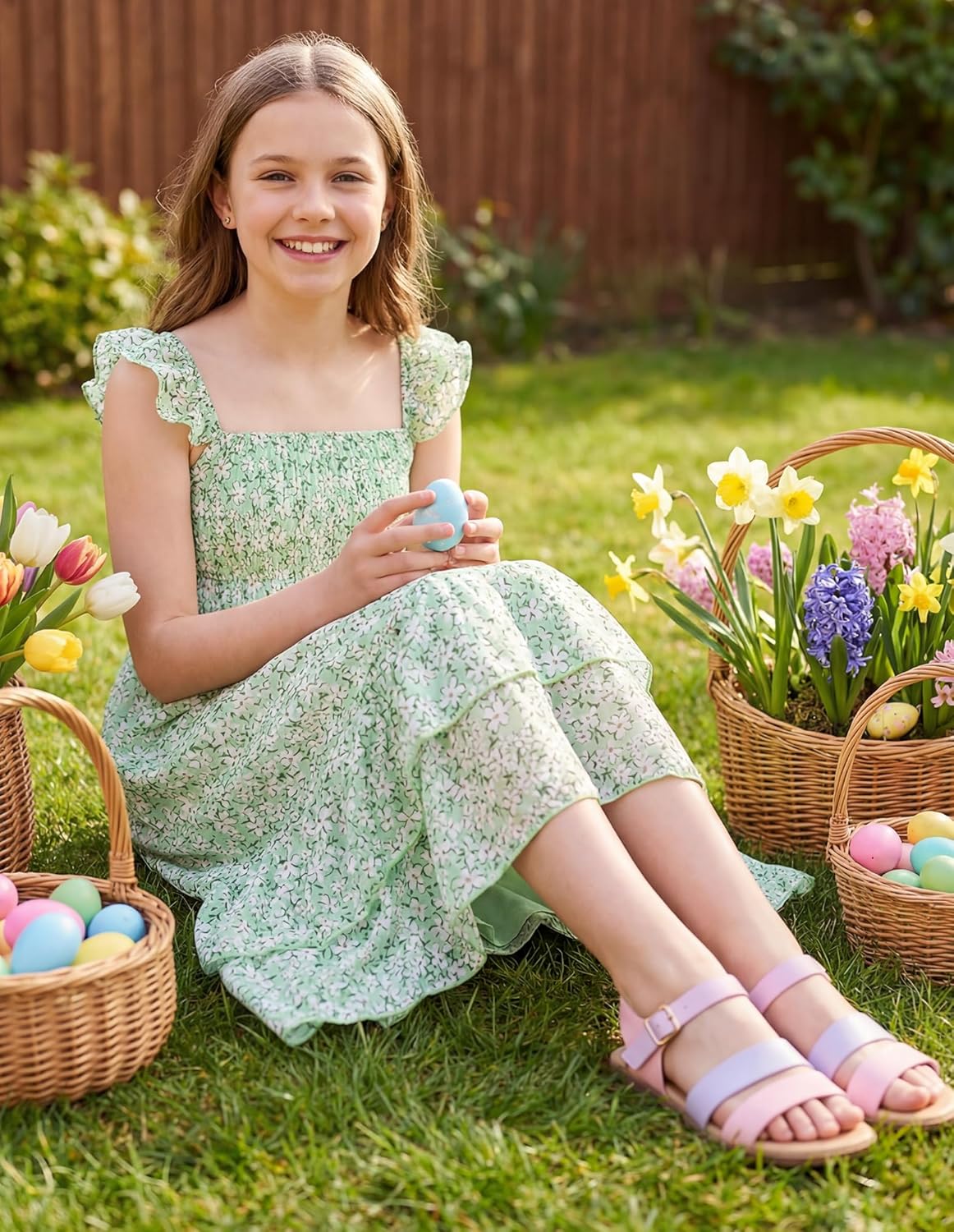 GRACE KARIN Girls Flutter Sleeve Smocked Floral Dresses, Kids Easter Spring Summer Dress, Teen Hawaiian Maxi Long Dresses - Image 7