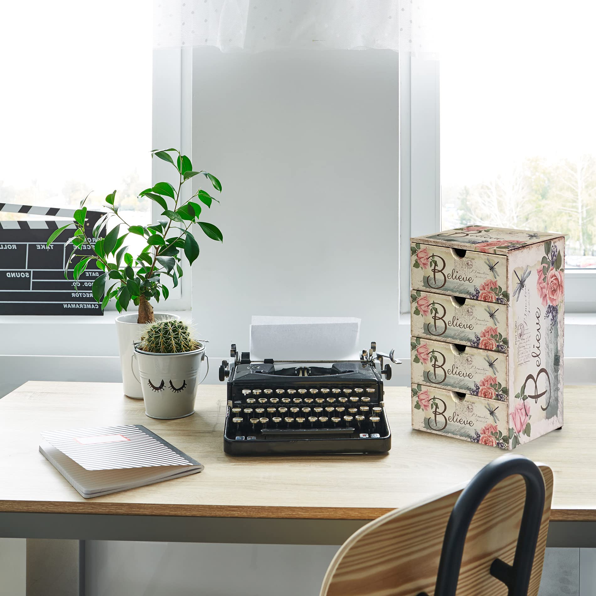 Rebecca Mobili Cassettiera Da Tavolo, Organizer Porta Gioielli, Mdf Canvas, 4 Cassetti Bianco Shabby Rosa, Organizzazione Trucchi Bijoux - Misure: 32 x 16 x 20 cm (HxLxP) - Art. RE6626