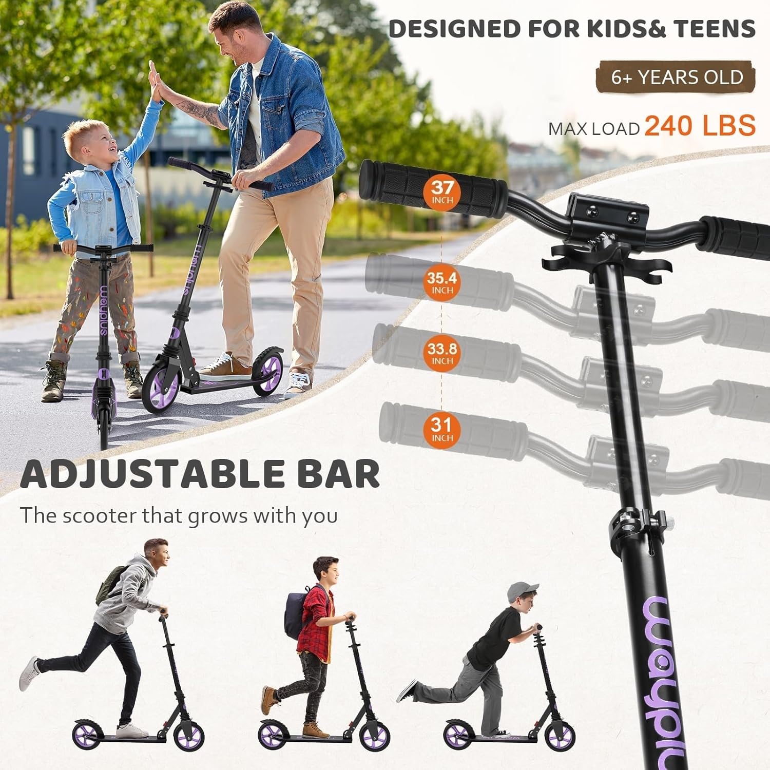 WAYPLUS KS1 Kick Scooter for Ages 6+,Kid, Teens & Adults. Max Load 240 LBS. Foldable, Lightweight, 8IN Big Wheels for Kids, Teen and Adults, 4 Adjustable Levels. Bearing ABEC9 FED Fitness