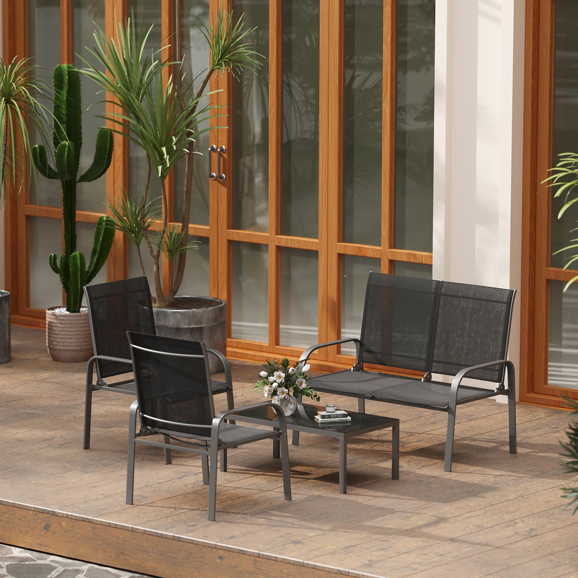 Outsunny Set Salotto da Giardino 4 Pezzi, Divanetto Esterno 2 Posti Schienale Regolabile, Tavolo Caffè Vetro, Impermeabile Acciaio Textilene Nero