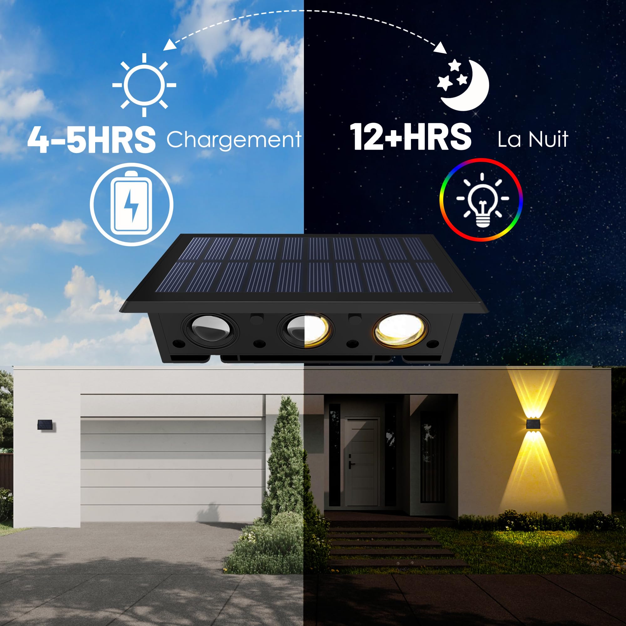Applique Murale Exterieur Solaire Haut & Bas Lampe Solaire Exterieur Puissante Blanc Chaud LED Eclairage Exterieur Solaire Étanche IP67 Sans fil pour Clôture Jardin 6 Articles