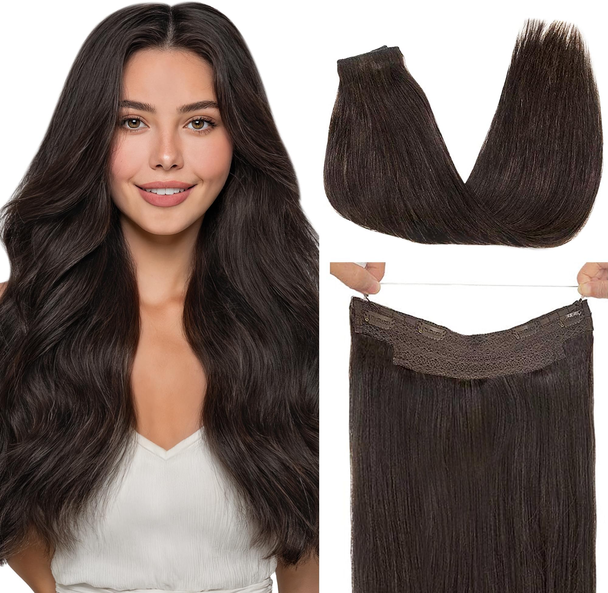 GOO GOO Halo Hair Extensions Human Hair Dark Brown Hairpiece 14 Inch 70g Flip in Remy Human Hair Extensions Straight Hidden Crown Wire Hair Extensions Hairpiece