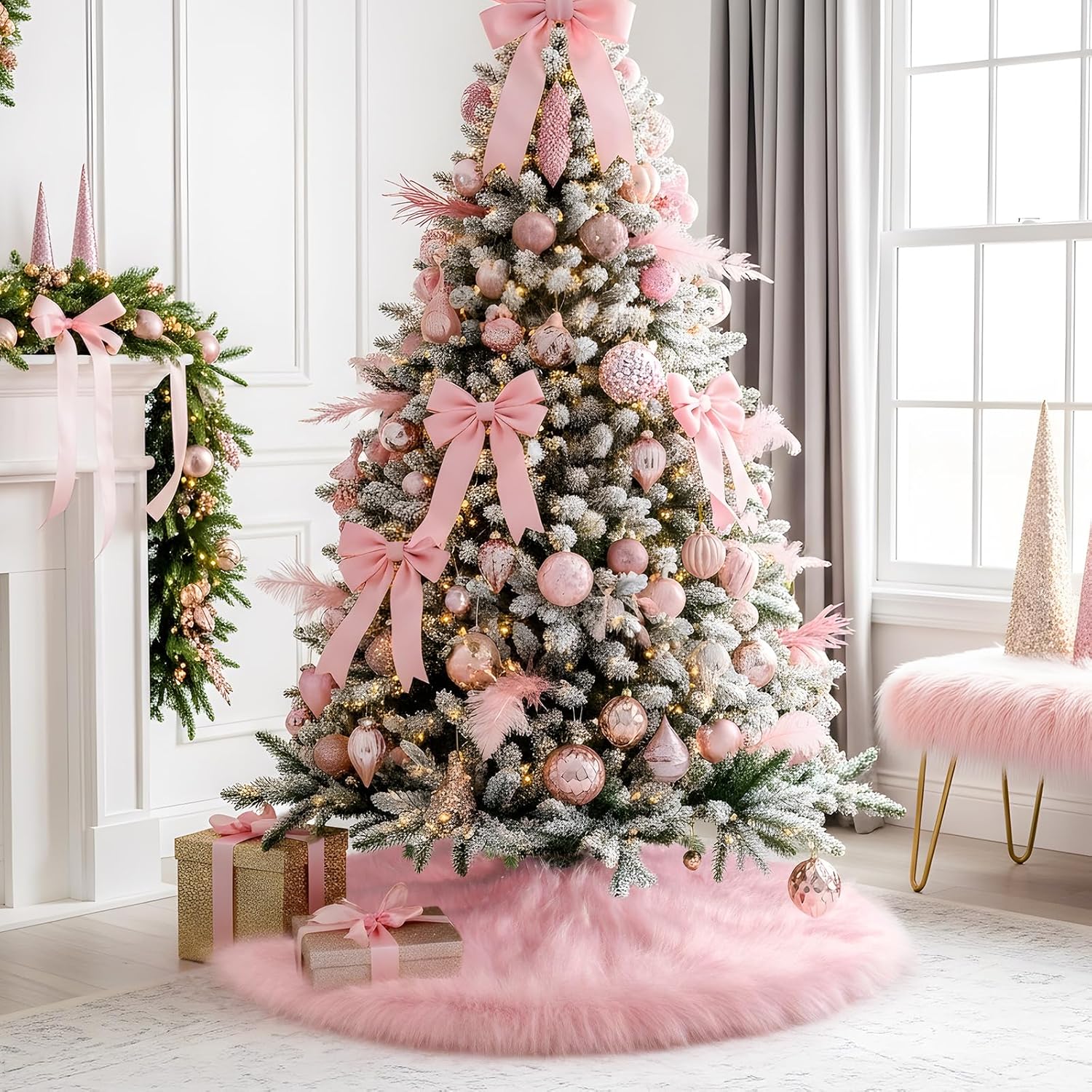 macting faux fur christmas tree skirt 30 inch pink plush skirt fluffy soft double layer small tree mat base cover for merry christmas party holiday home indoor xmas tree valentines day decorations