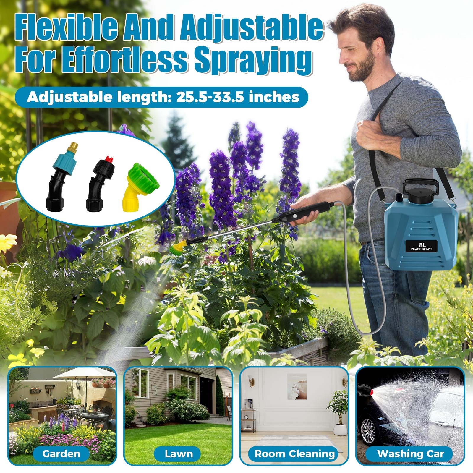 Pulvérisateur Électrique 8L Pulvérisateur de Jardin Pulvérisateur à Pression 8L avec 3 Buses Réglables pour Jardin Serre Arrosage Désherbage Pulvérisation d’herbicides et insecticides