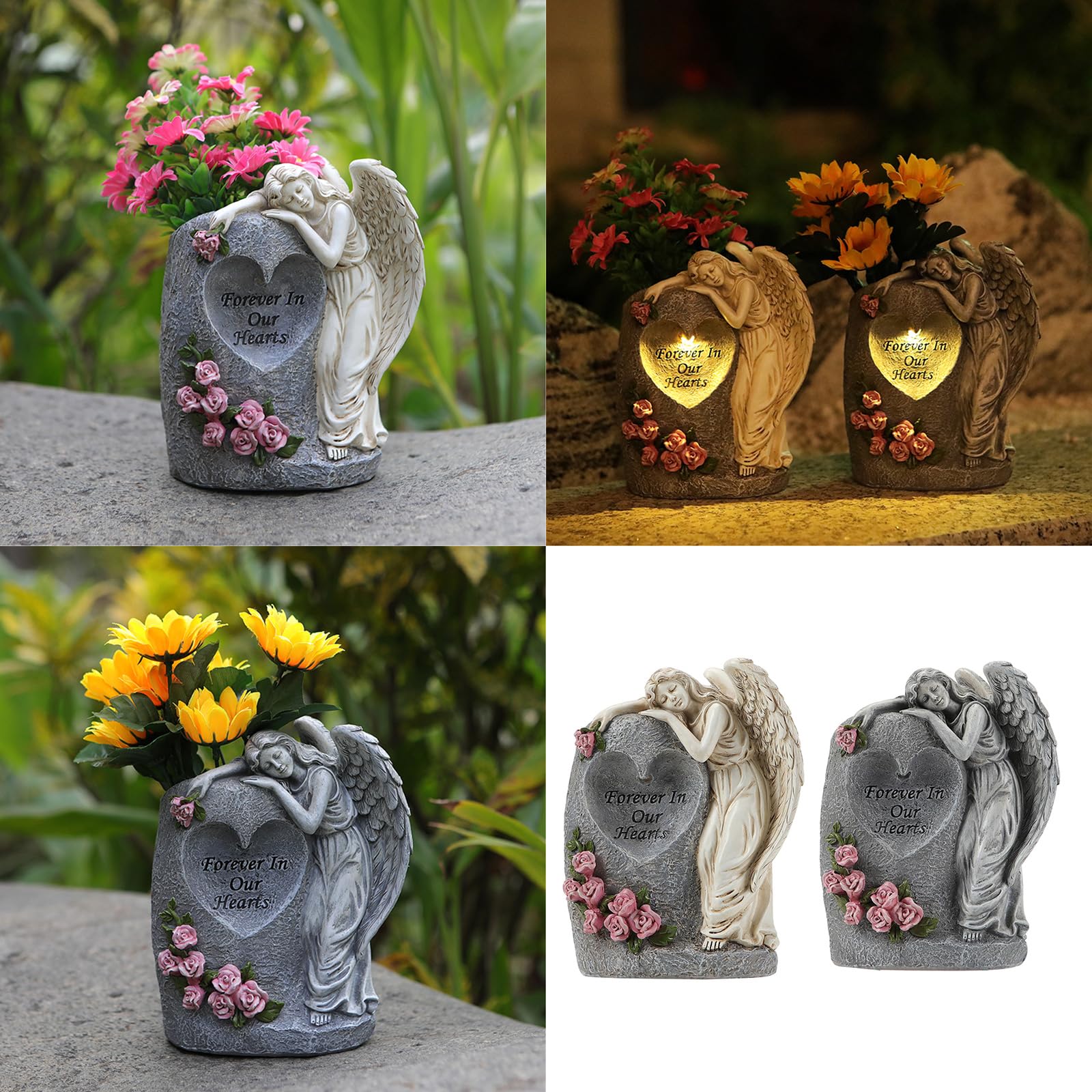 Vase de cimetière éclairé à l ' énergie, Sculpture angélique résistante intempéries, Ornement pour décorations de Jardin funéraire extérieur, Vase Lumineux à énergie