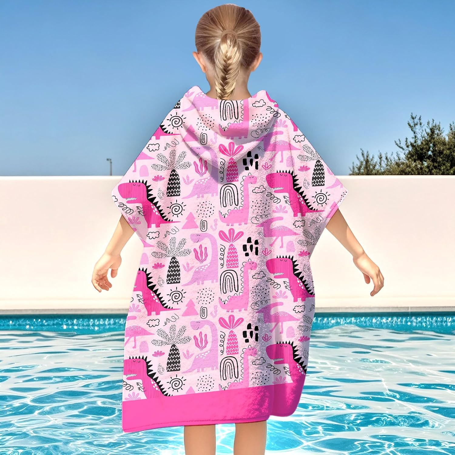 Kids Hooded Beach Towels Wrap for 8-14 Years,Cute Dinos Theme Girls Swim Cover Up for Bathroom，31"x39" Quick Dry Pink Large Bath Towel Poncho,Perfect for Travel Vacation,Pool Party,Swimming