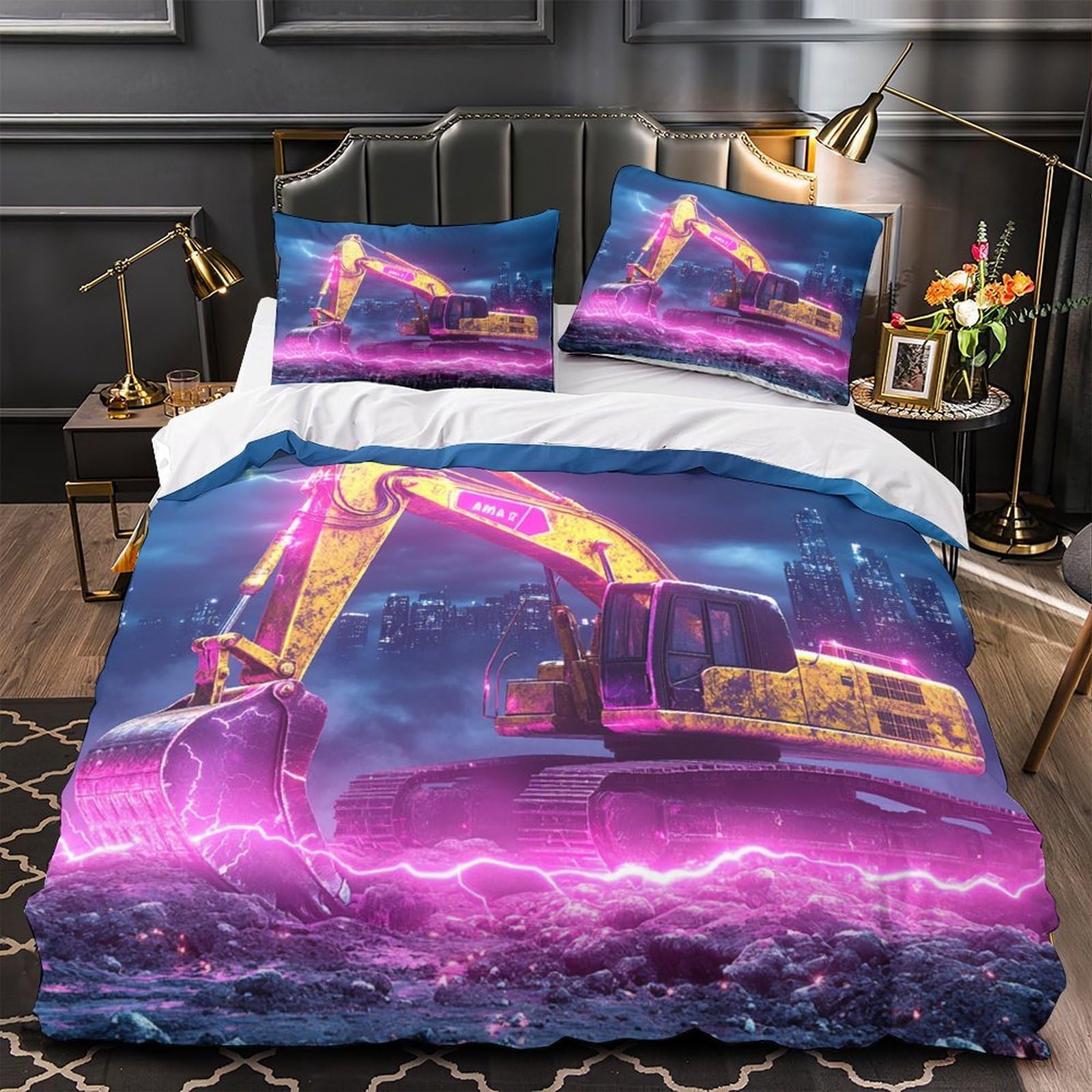 Parure de lit microfibre 200x200 pour garçon avec housse de couette 3D camion de chantier et zip