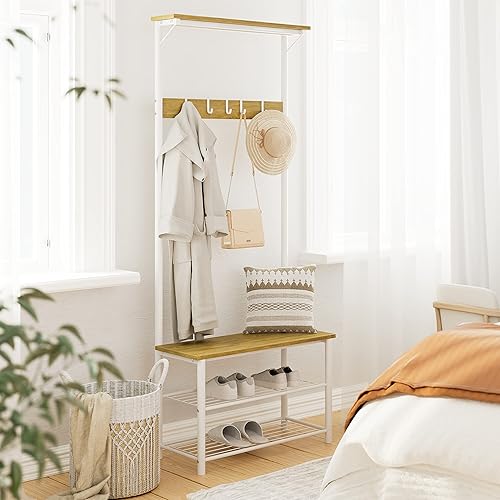 Miniatura 6 de Hall Tree con banco y almacenamiento de zapatos, perchero 3 en 1, perchero de madera independiente con marco de metal, estante de almacenamiento de