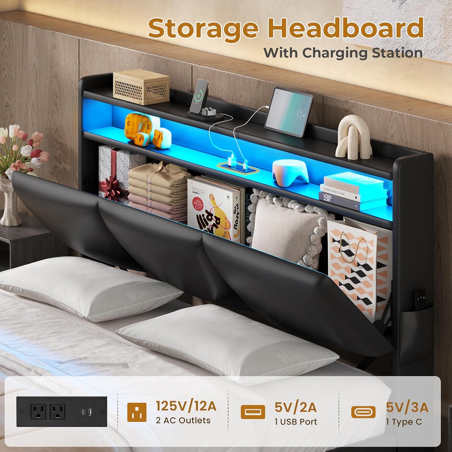Image showing the MSmask bed frame with smart RGB LED lights, highlighting features like over 60,000 colors, 29 dynamic modes, music mode, mic function, timing function, and control via app/remote.
