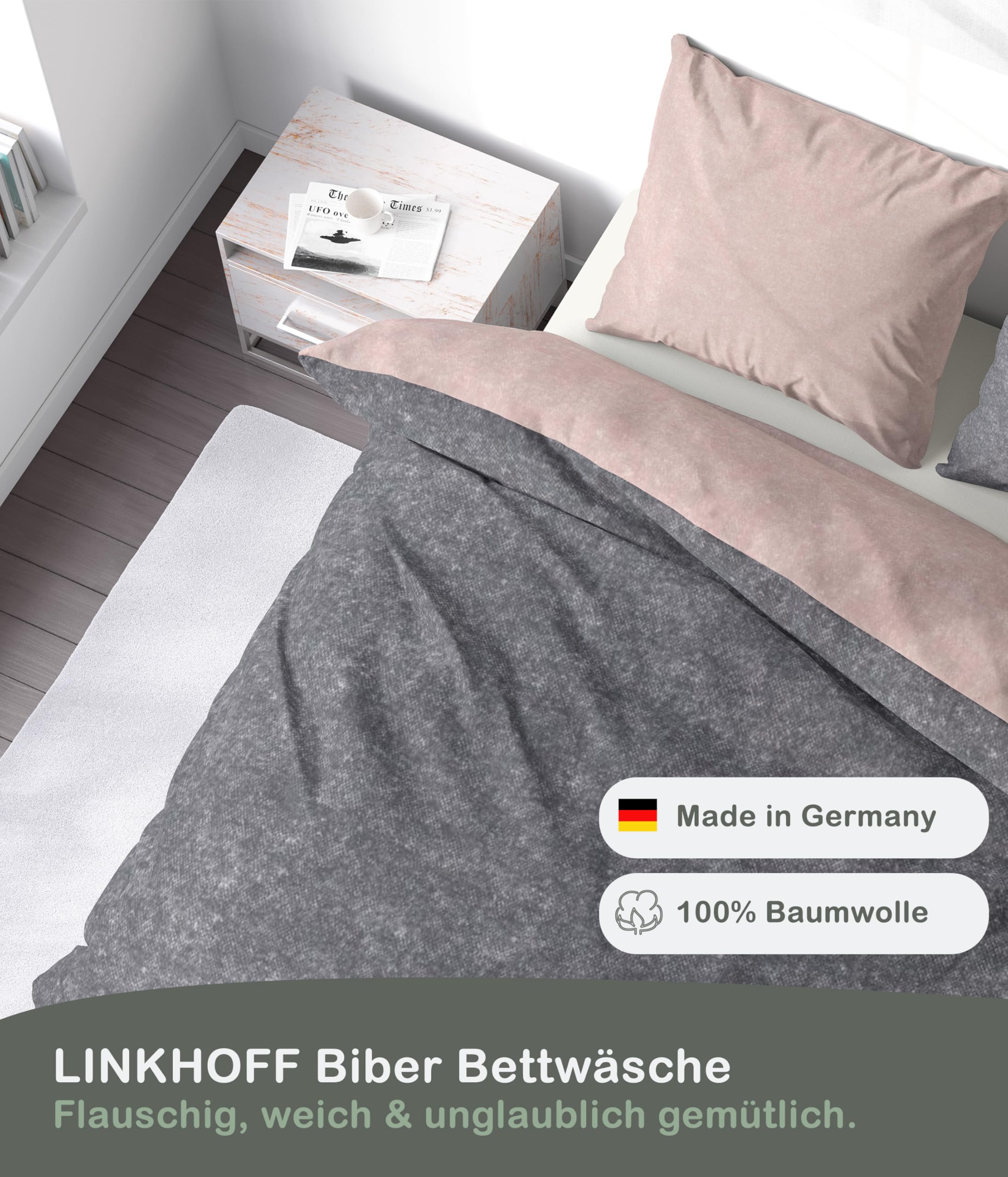 LINKHOFF Ropa de cama de franela de 135x200 cm, 2 piezas, certificado Öko-Tex,funda de almohada de 80x80 cm + funda nórdica de 135x200 cm (rosa antiguo/antracita)