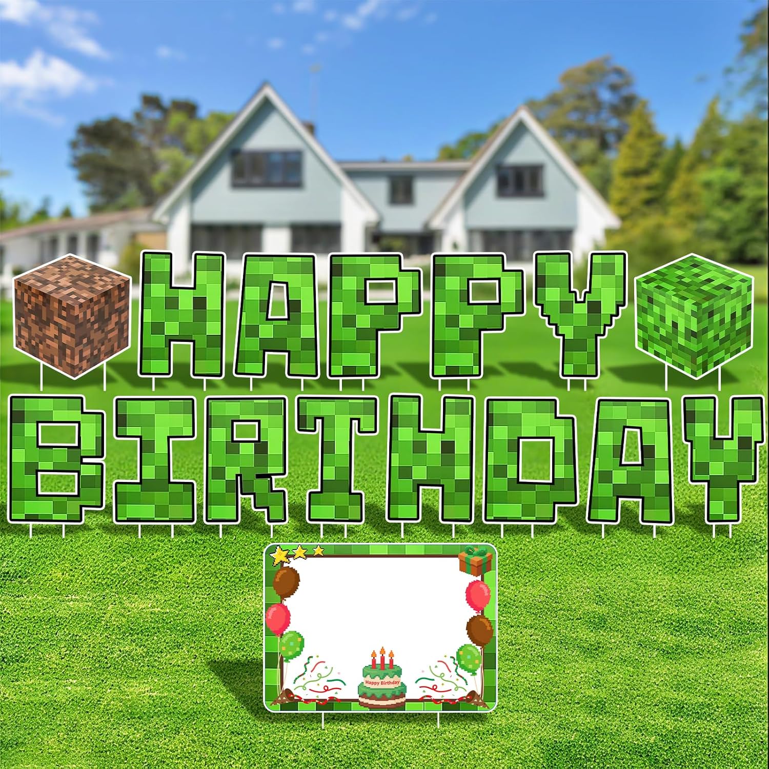 Pixel Happy Birthday Yard Signs with Stakes for Garden Outdoor Party Decorations