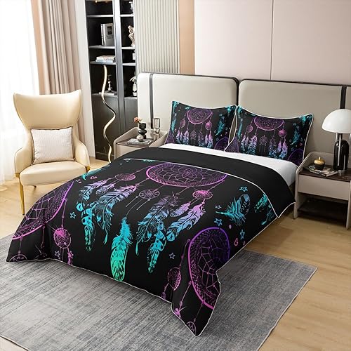 Miniatura 3 de Funda de edredón de 100 % algodón para niñas, tamaño Queen, funda de edredón de plumas bohemias, color morado, verde azulado, juego de ropa de cama