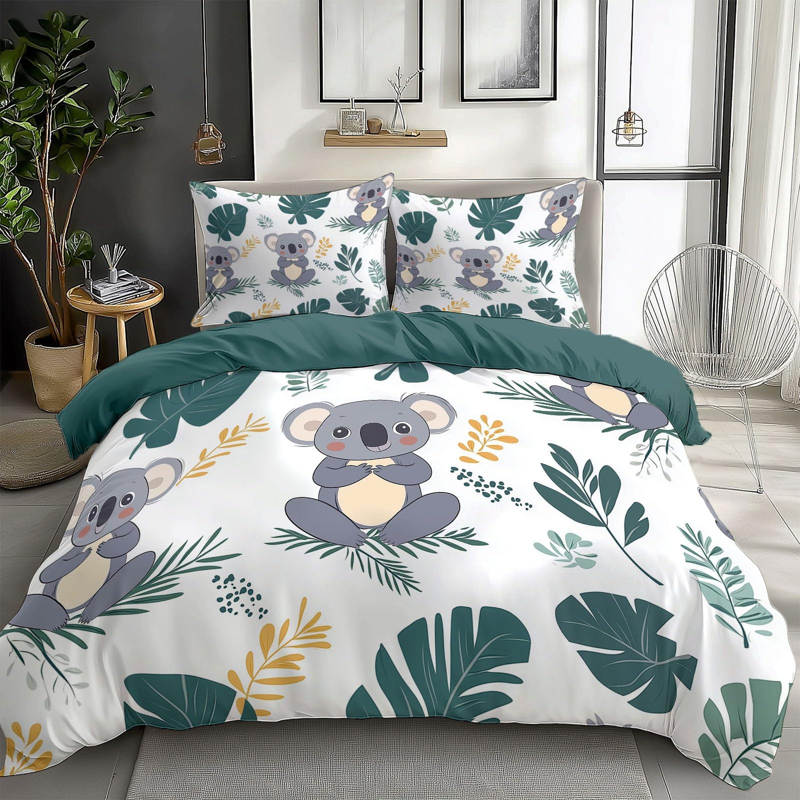 Duvet Cover King Size Cartoon Koala Leaves Reversible 3 Pieces Duvet Cover Set, Bedding Set for All Season, Soft and Breathable Bedding Set with Zipper Closure