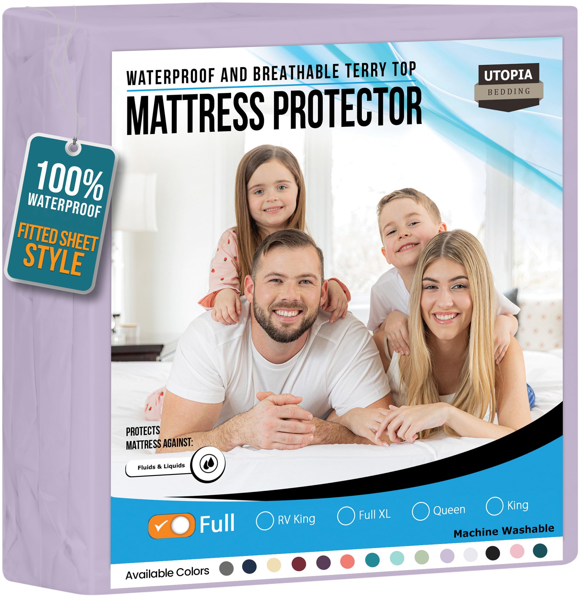 Utopia Bedding Waterproof Mattress Protector Full Size, Premium 200 GSM Terry Mattress Cover, Soft & Breathable Bed Cover, Fitted Sheet Style with Stretchable Deep Pockets 15" (Lavender)