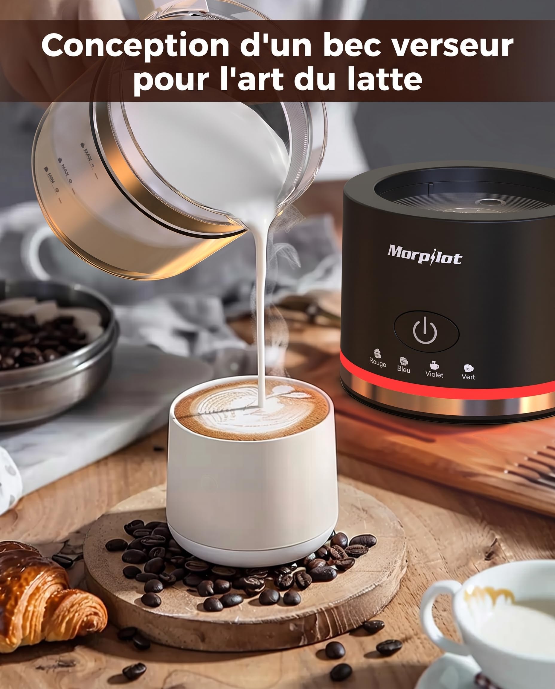 Morpilot Mousseur à Lait Électrique 4 en 1, Grande Capacité 500ml 600W Milk Frother en Verre à Mousse de Lait Chaude Froide et Lait Chaud, Emulsionneur de Lait Divisé pour Cappuccino Macchiato Latte