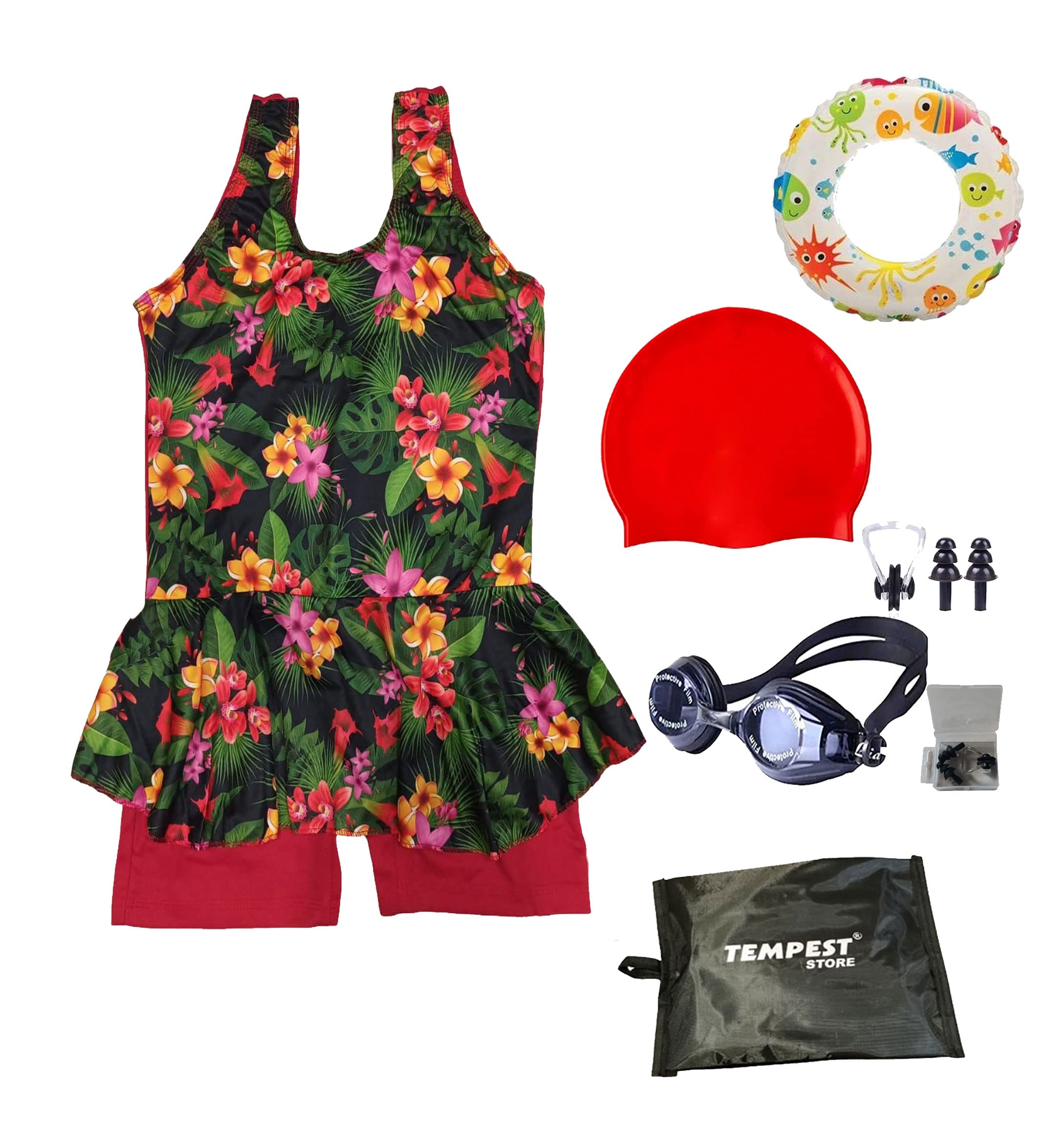 TEMPEST Girls's Swimming Kit with 1 Printed Swimming Costume | Printed Swim Suit | Swimwear | Swimming Dress Goggles Cap Ear Plug Nose Clip Swimming Tube with KIT Bag (Multicolor, 2 Years - 3 Years) 4