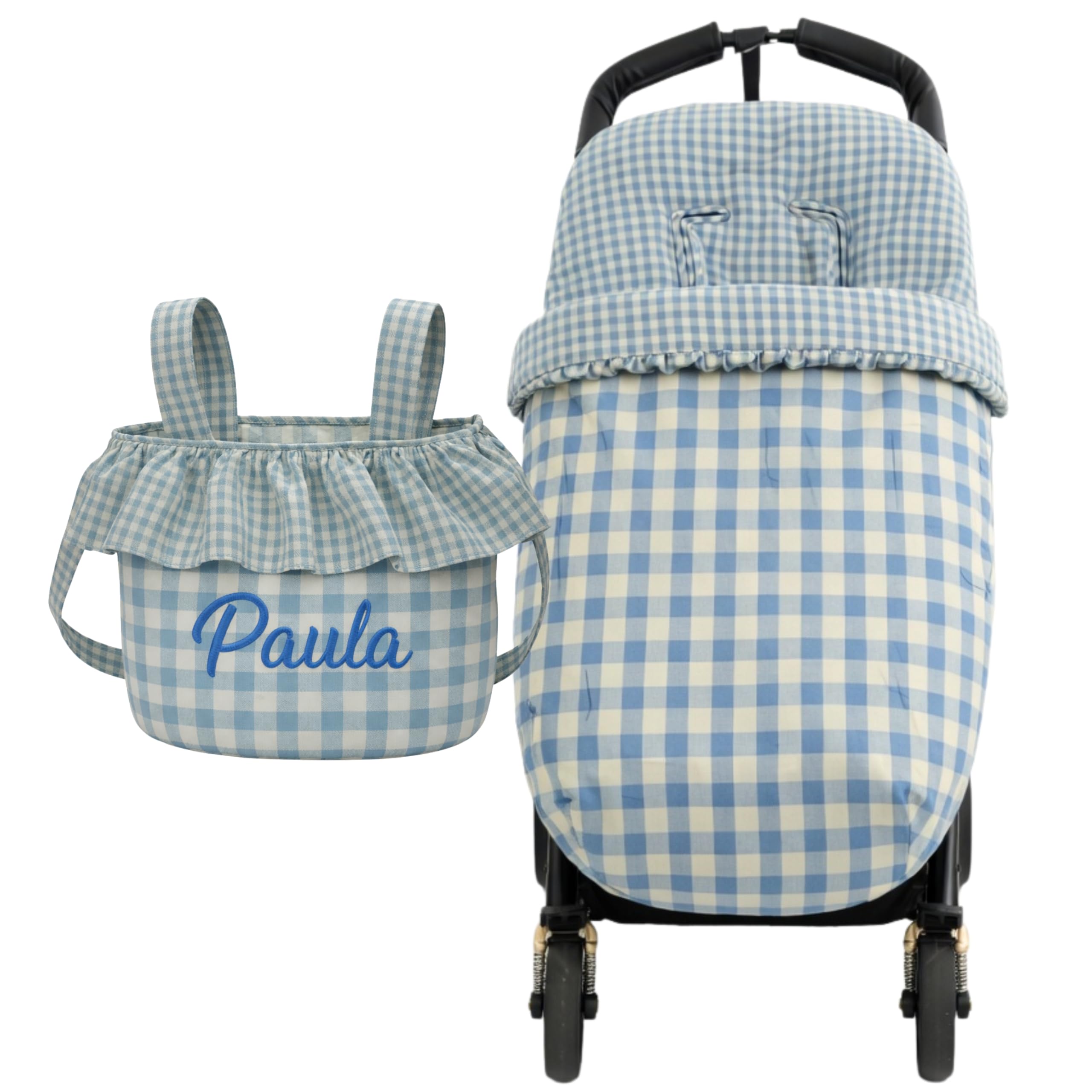 Nenel – Conjunto de Saco Silla de paseo Universal + Bolso Bombonera Personalizado – Conjunto Saco Universal + Bolsa para carrito bordada con nombre – Vichy y Algodón (Cuadros menta/azul empolvado)