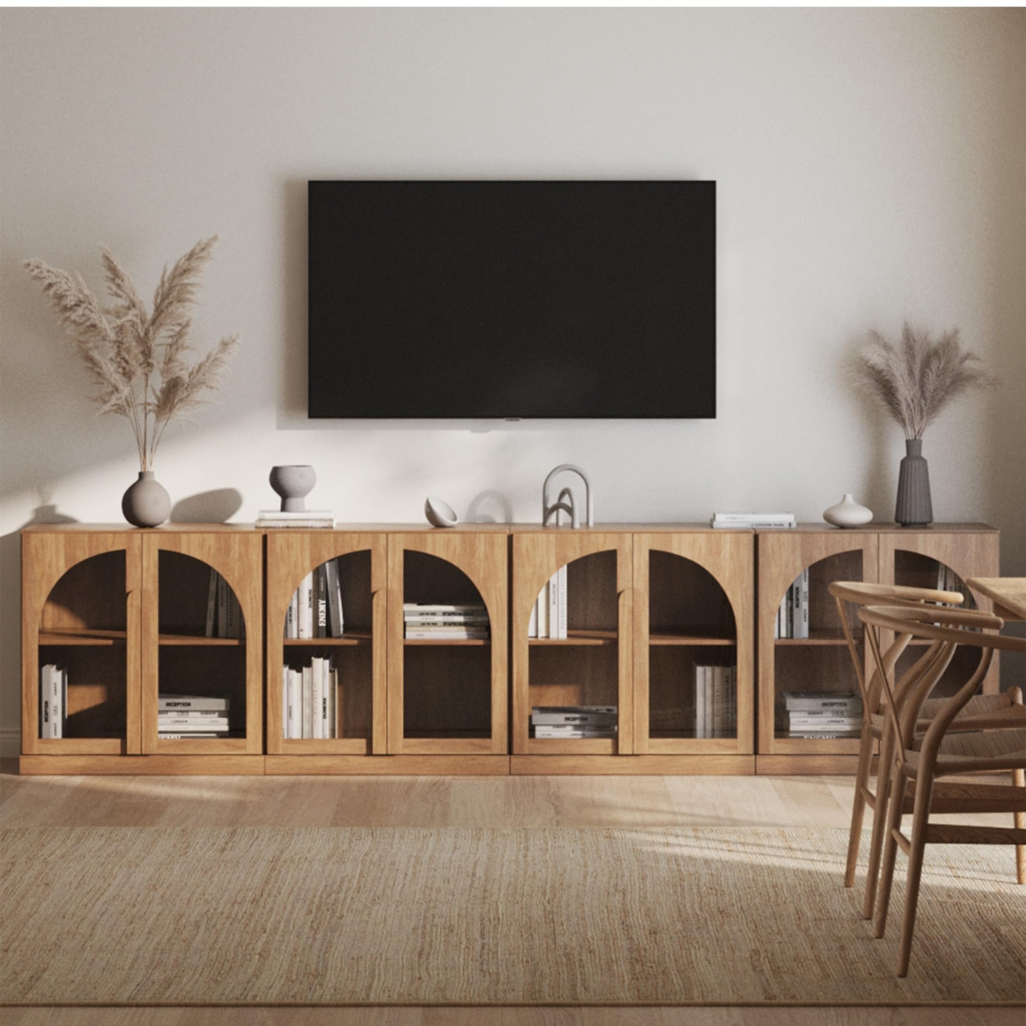 BELLEZE 65 Inch Fluted Buffet Cabinet with Storage, Symmetrical Arc Accent Sideboard Large Console Table for Dining Room, Kitchen, and Living Room (Camel) — view 67