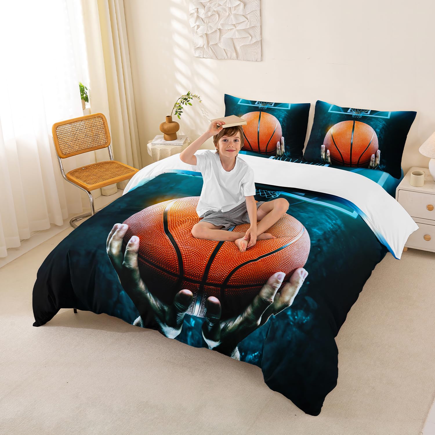 Set di biancheria da letto con tema campo da basket per ragazzi, pallacanestro, copripiumino 220 x 240, decorazione sportiva, tema copripiumino 3D partita di palla, biancheria da letto per bambini e