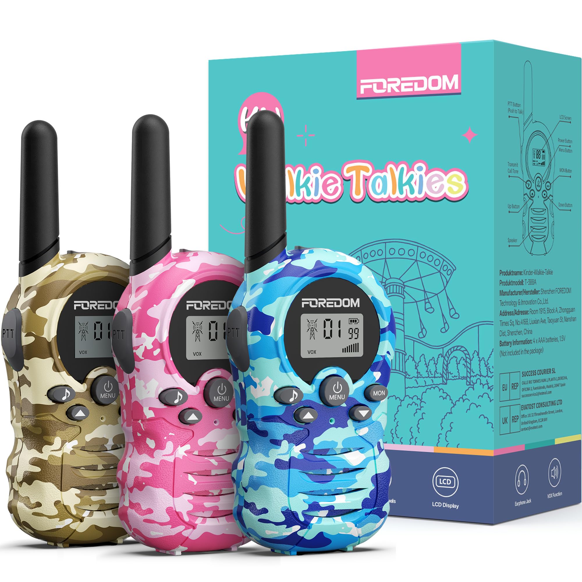FOREDOM Walkie Talkies für Kinder Walkie Talkies Funkgeräte Set Spielzeug für Jungen & Mädchen 3-12 Jahre, Geschenke Outdoor-Abenteuer – 3er Set