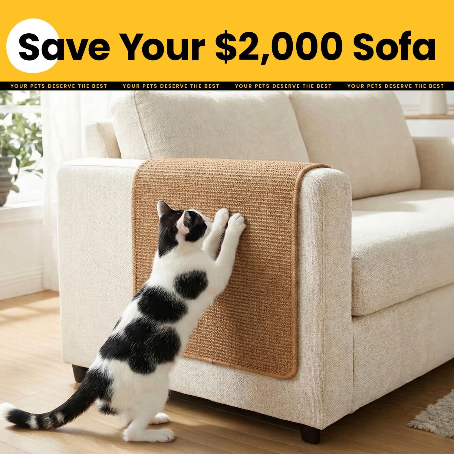 Cat Scratcher Mat,Sisal Cat Scratch Pad with Hook&Loop Tape,Wall Floor Kitten Scratching Pads Rug for Indoor,Furniture Protector for Couch&Carpets&Sofas,Kitty Bithday Gifts,Large,Brown,2 Pack