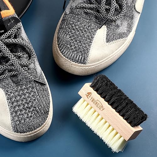 Vista 5 de YoungJoy Juego de cepillos limpiadores de zapatos de doble cara jabalí y cerdas de plástico con paño de microfibra