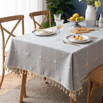 Embroidered Square Tablecloth Checkered Rustic Wrinkle Resistant Fabric Table Cloth for Kitchen Dining Party Holiday, Grey Plaid, 55"x55"