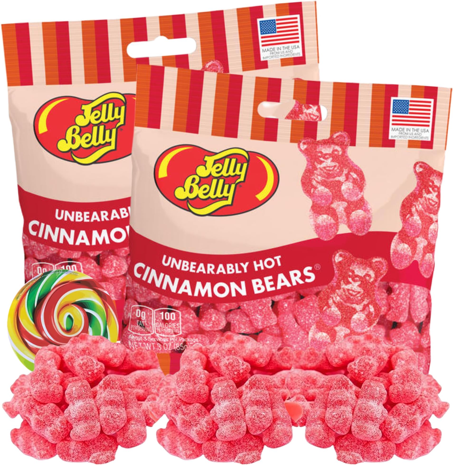 Unbearably Hot Cinnamon Gummy Bears, Sweet and Spicy Chewy Candies - 3 Ounces (Pack of 2) with Lollipop Swirl Sticker