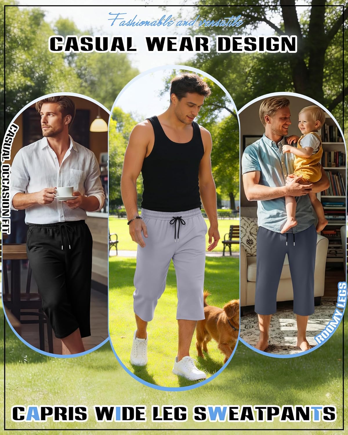 Neer 3 Pack Men's Baggy Capri Pants Plus Size Below Knee Casual 3/4 Shorts Big and Tall Summer Drawstring Pants with Pockets - Image 3