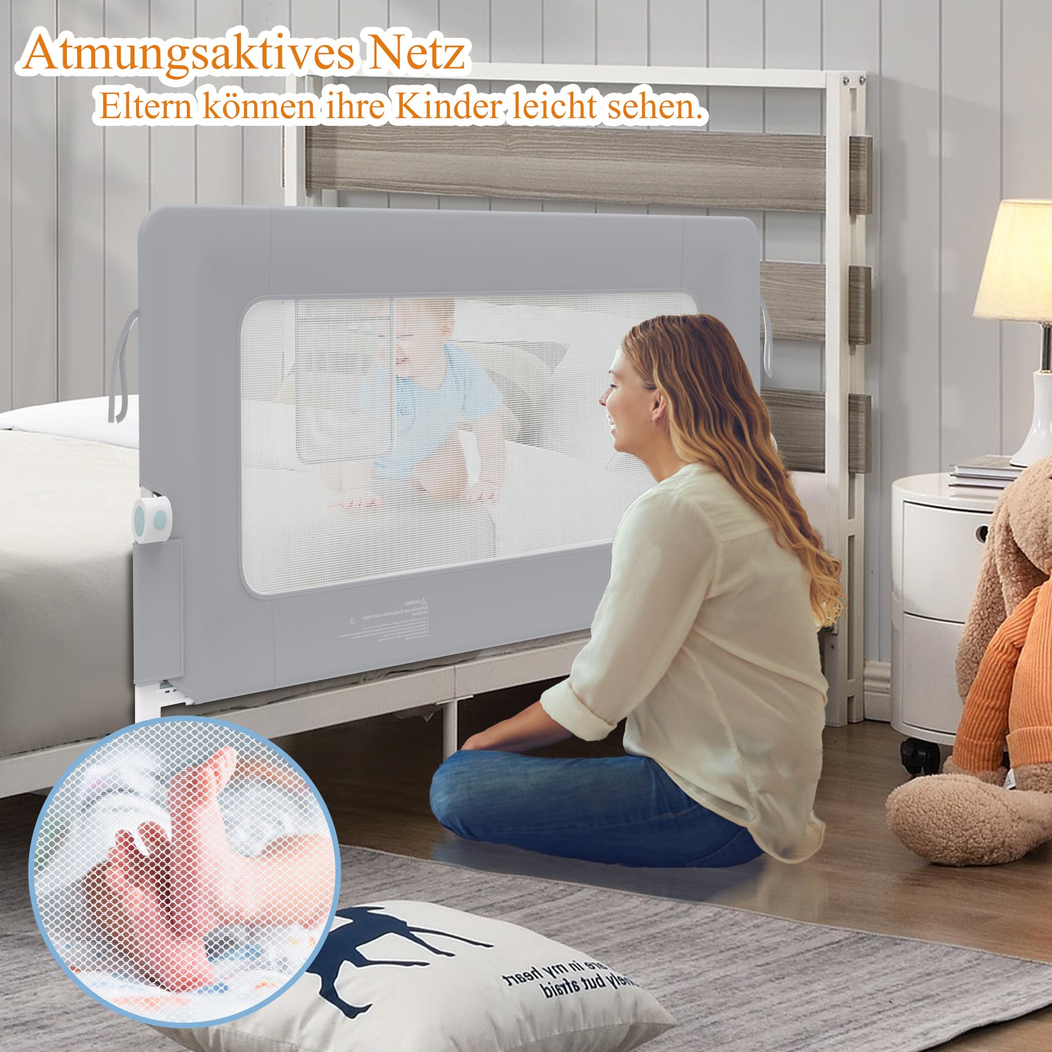 HENGMEI Barrera de protección contra caídas para cama de 200 cm, plegable, 180 grados, malla aireada, altura ajustable, rejilla de protección para cama (gris)