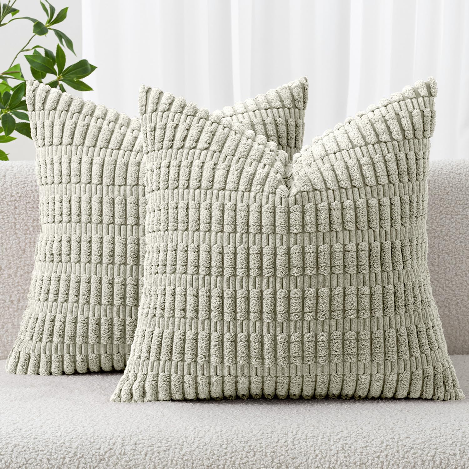 MIULEE Pack of 2 Corduroy Decorative Euro Sham Throw Pillow Covers 24x24 Inch Soft Boho Striped Pillow Covers Modern Farmhouse Home Decor for Summer Sofa Living Room Couch Bed Light Green