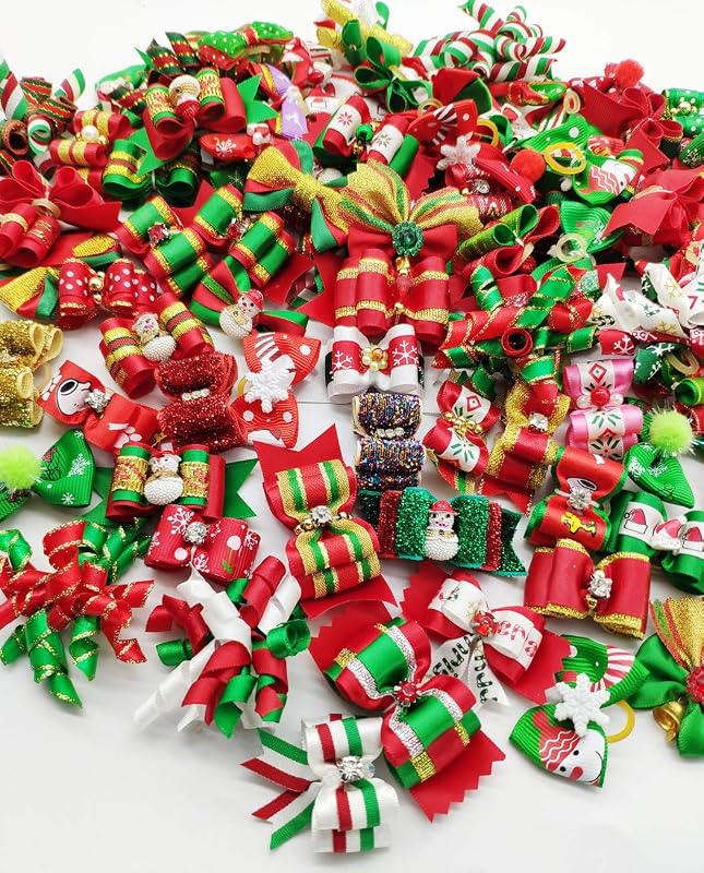 Laços de Natal para Pelos de Cães com Strass e Elástico Hixixi, Pacote com 100