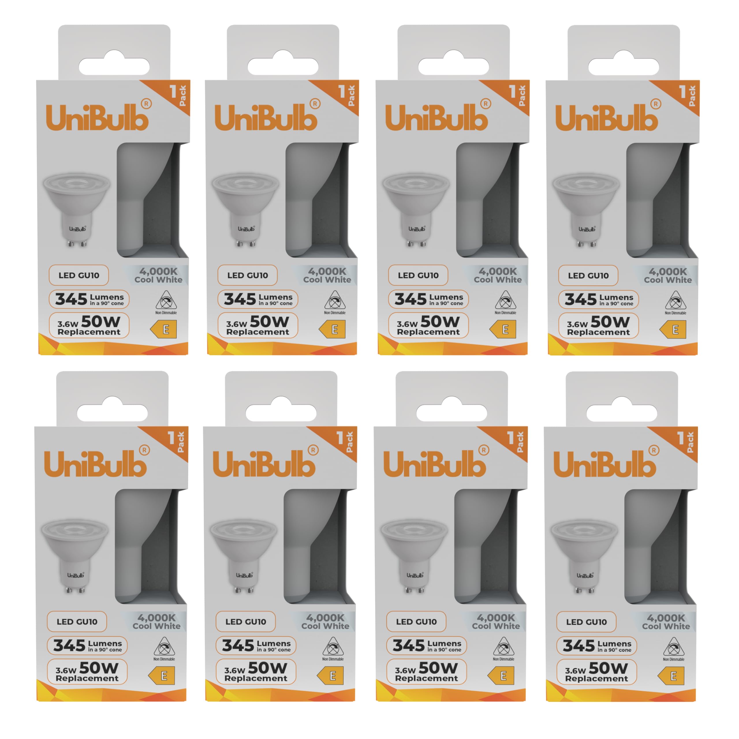 Unibulb GU10 Light Bulb, Downlight/Spotlight/Ceiling, 3.6W, 345 Lumens, 4000K Cool White, Replaces 50W, Non-Dimmable, 25yr Lifespan (8)